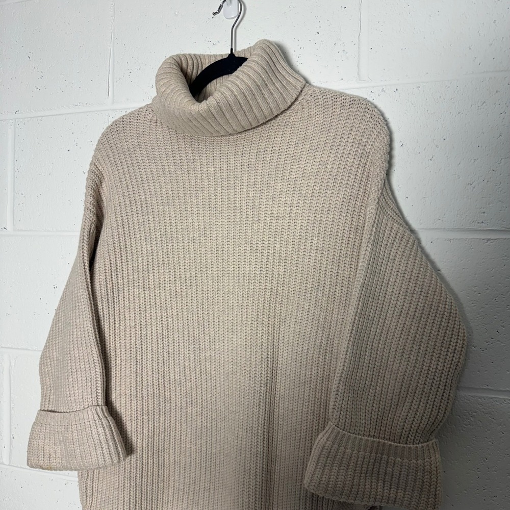 Moth Anthropologie cream Chunky Knit‎ Turtleneck Sweater Dress Side Slit XS